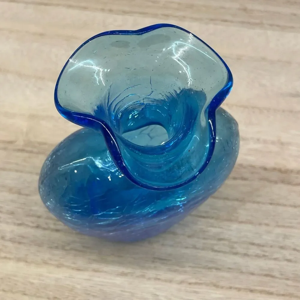 Vintage Blue Hand Blown Heart Shaped Glass Bud Vase Ruffled Rim MCM